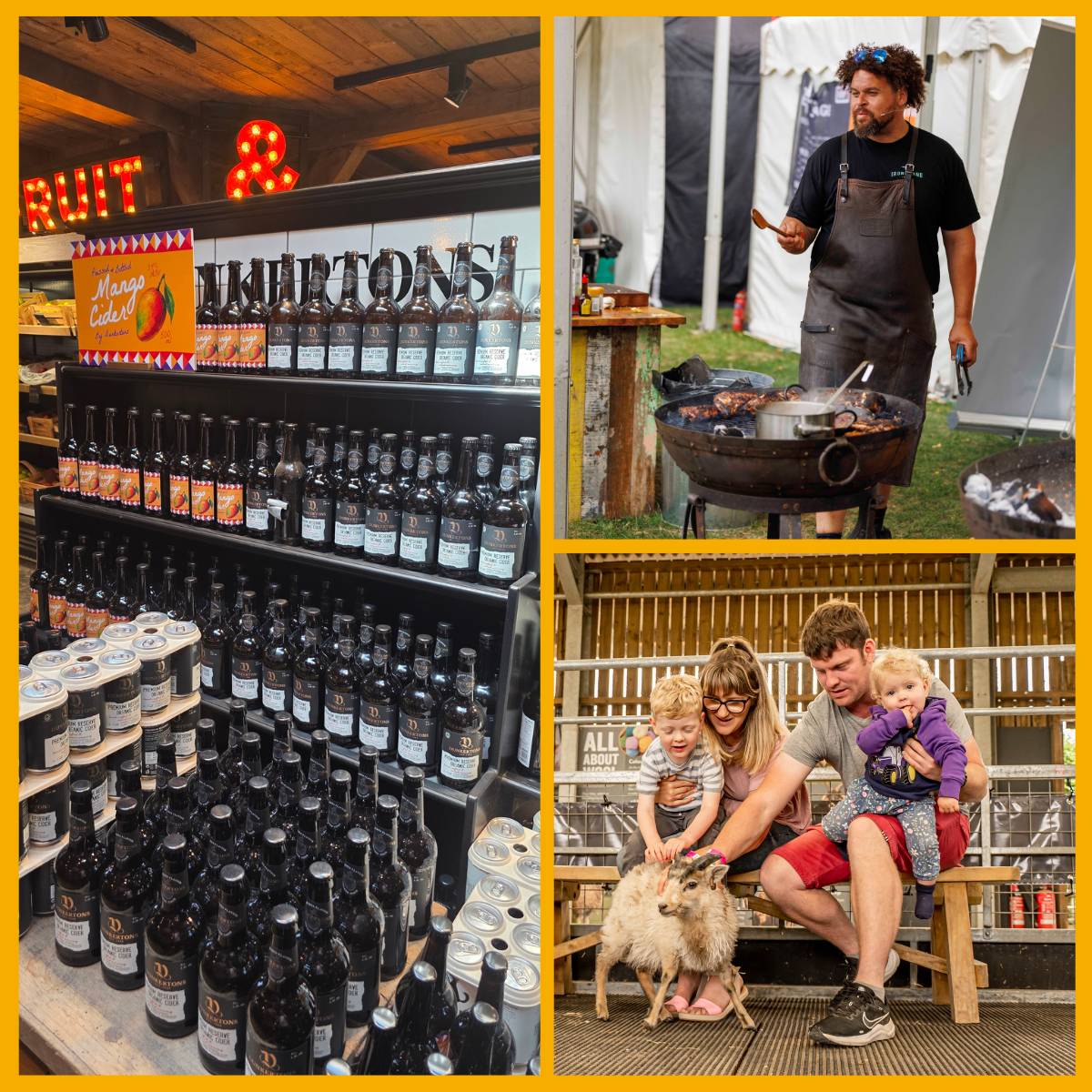 Collage of Dunkertons cider, Cheltenham Food & Drink Festival, Cotswold Farm Park