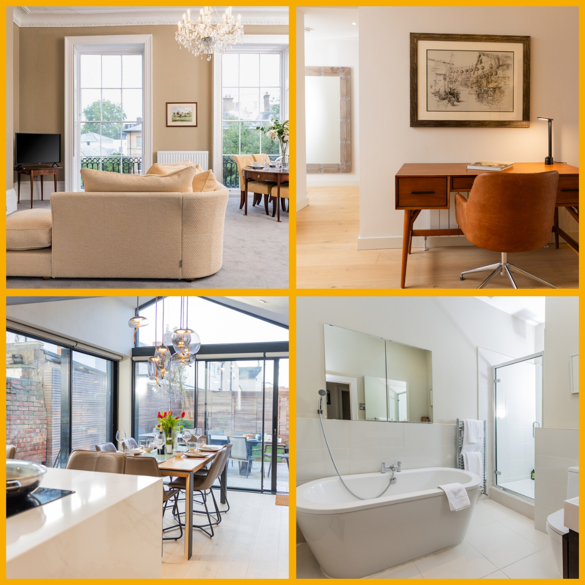 Collage of Luxury Apartment rooms in Cheltenham, including, living room, office, kitchen and bathroom
