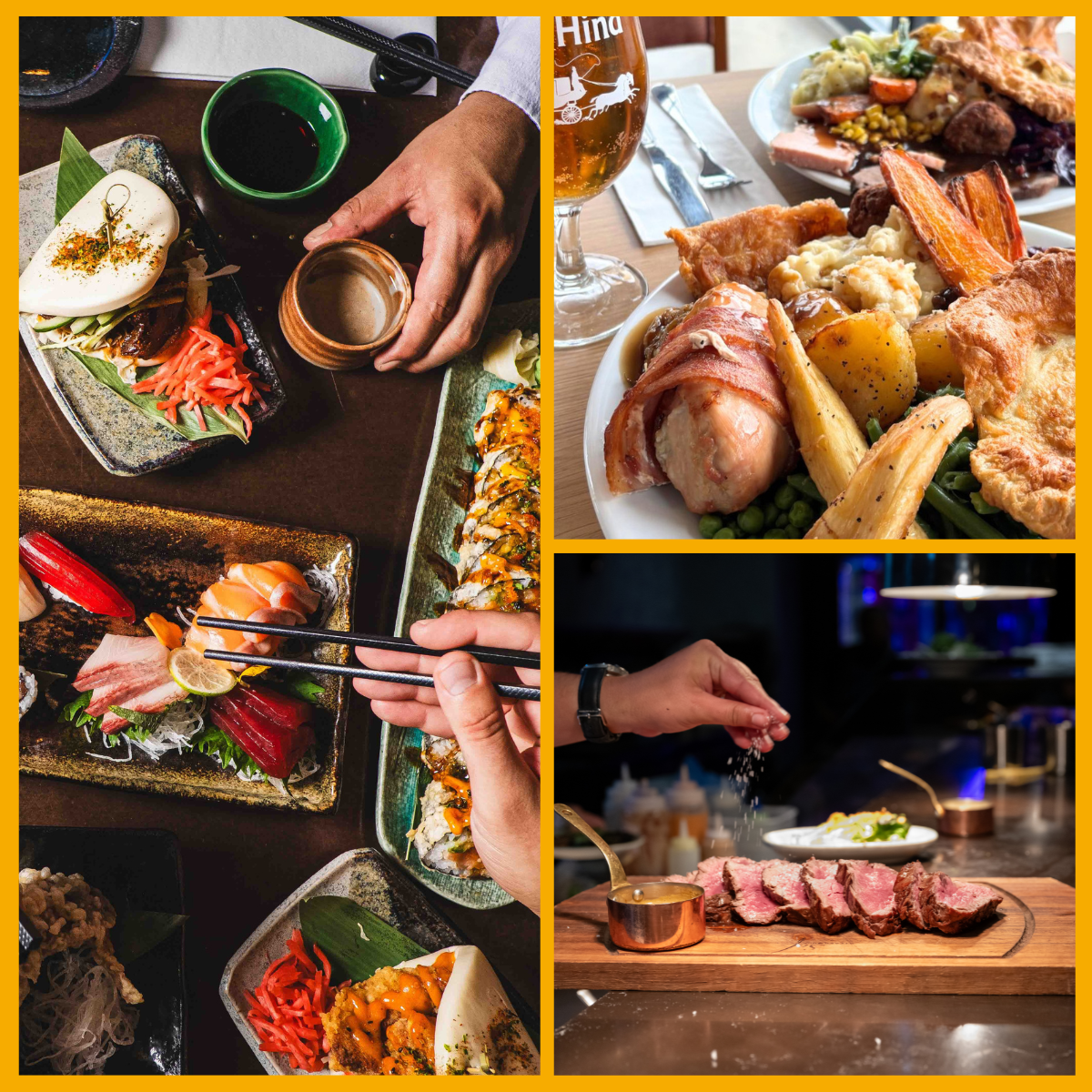 Collage of food served at Kibou, Clavell & Hind, Sef Steakhouse Cheltenham