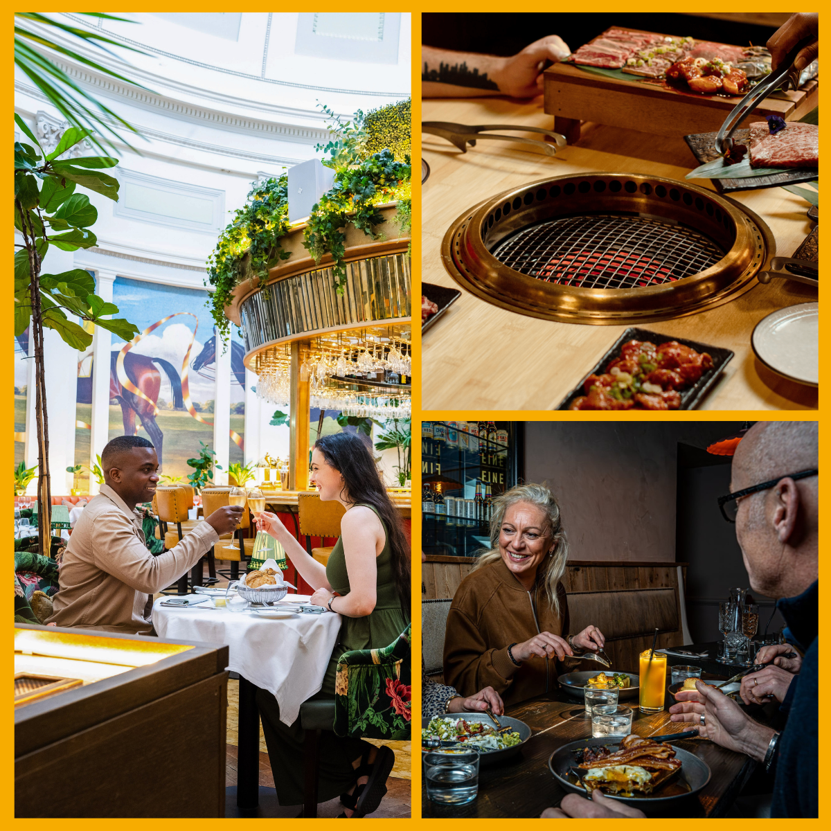 Collage of people dining at The Ivy Cheltenham, Nagomi and Coalhouse in Cheltenham