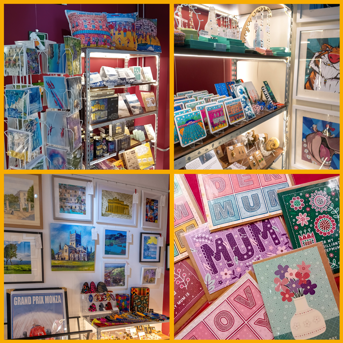 Images of artwork, cards and Cheltenham souvenirs
