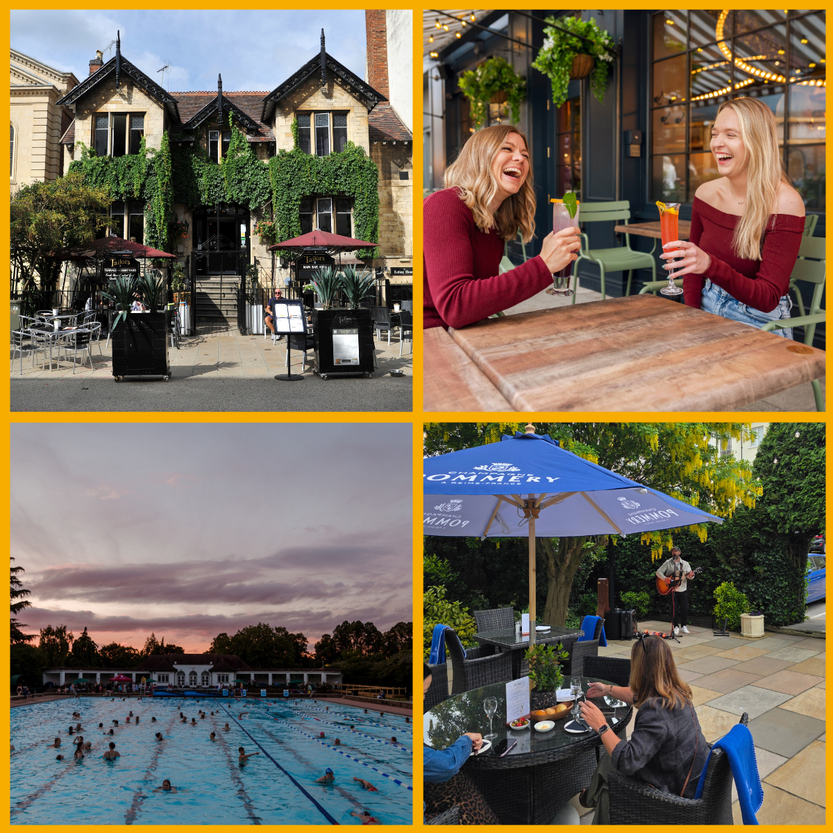 Collage of Tailors pub exterior, ladies enjoying cocktails at Flight Club Cheltenham, Swimmers at Cheltenham Lido, Summer Garden at Queens Hotel Cheltenham