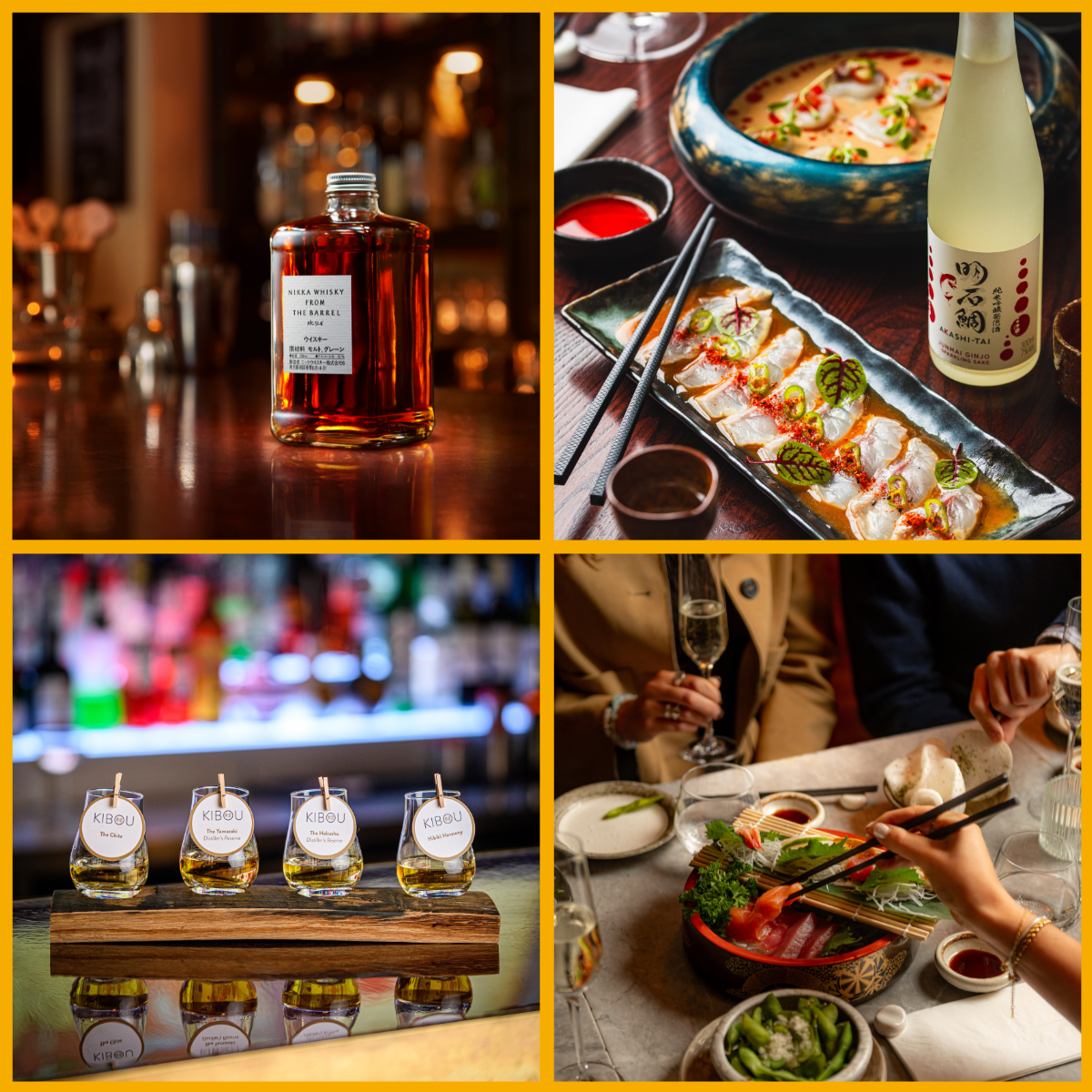 Collage of images showing Japanese food, sake and whisky