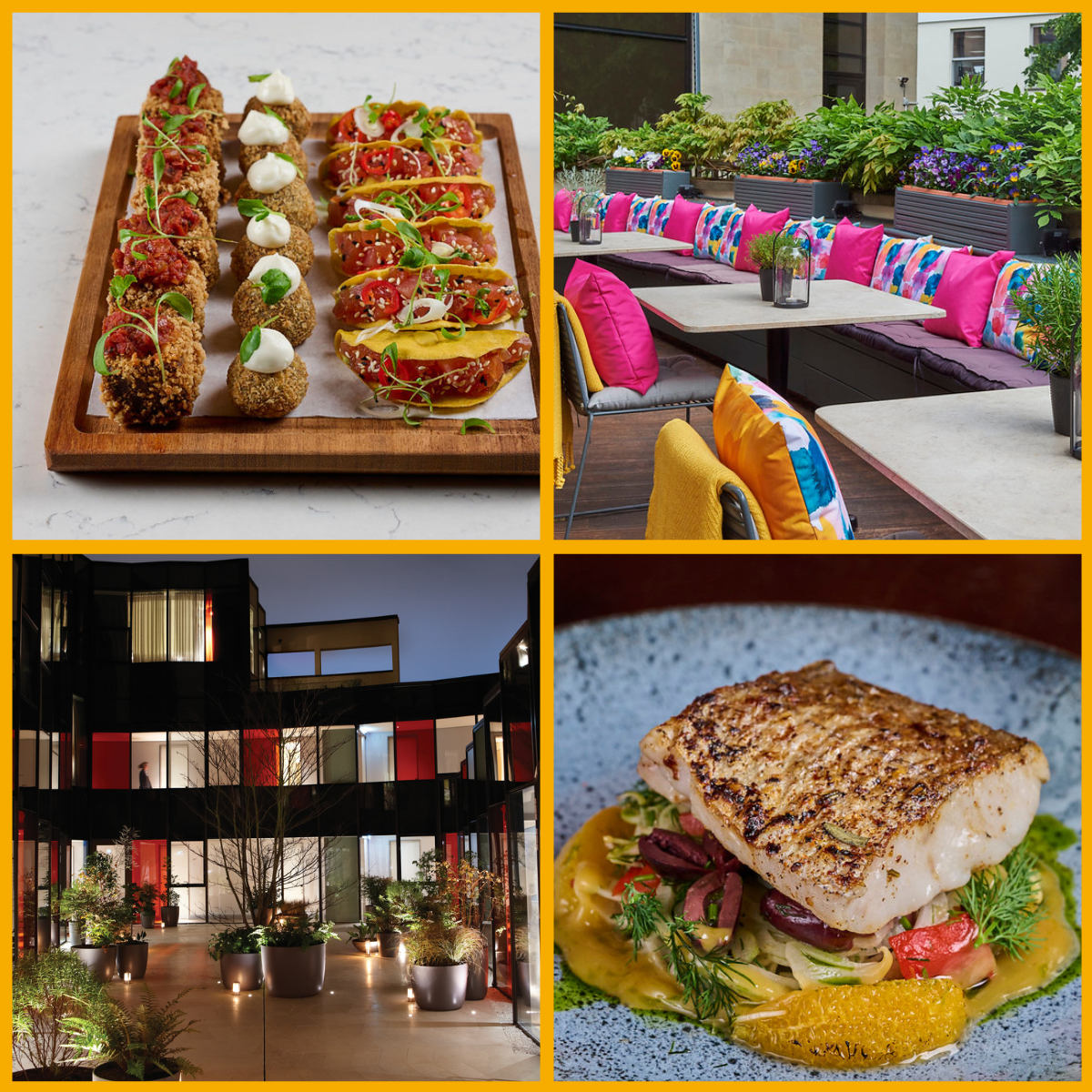 Images shows the Conservatory, Courtyard and food served at Malmaison Cheltenham