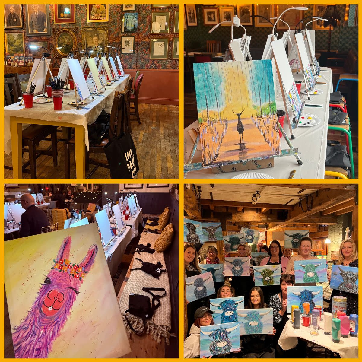 Collage of images showing painting workshops with llama and highland cow