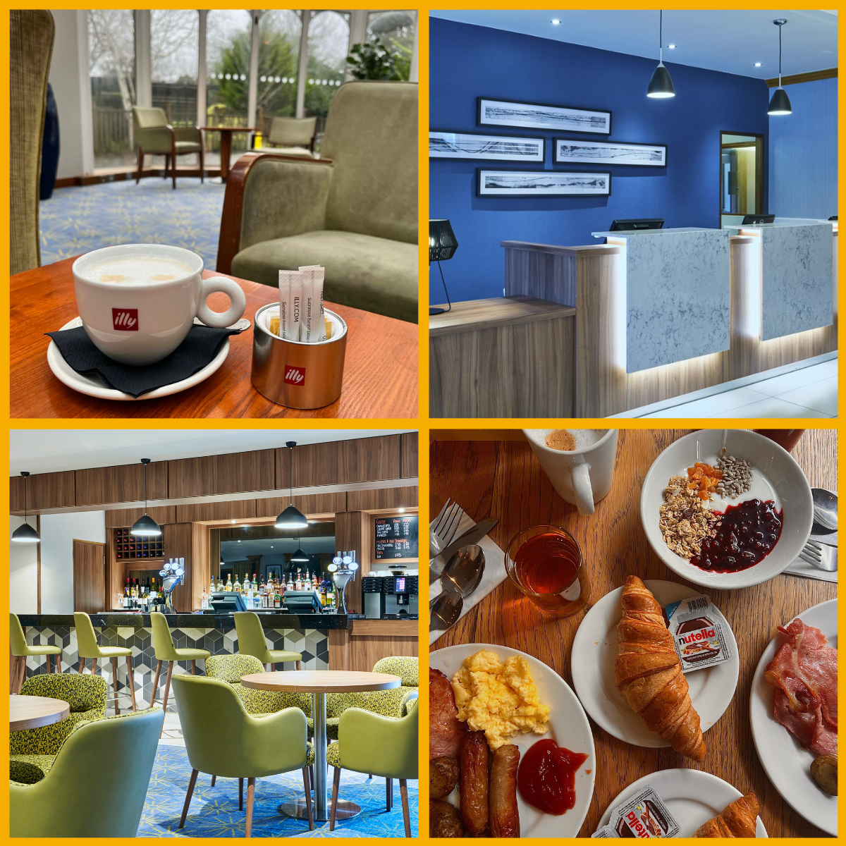 Collage shows garden lounge, reception, bar area and breakfast at Leonardo Hotel Cheltenham