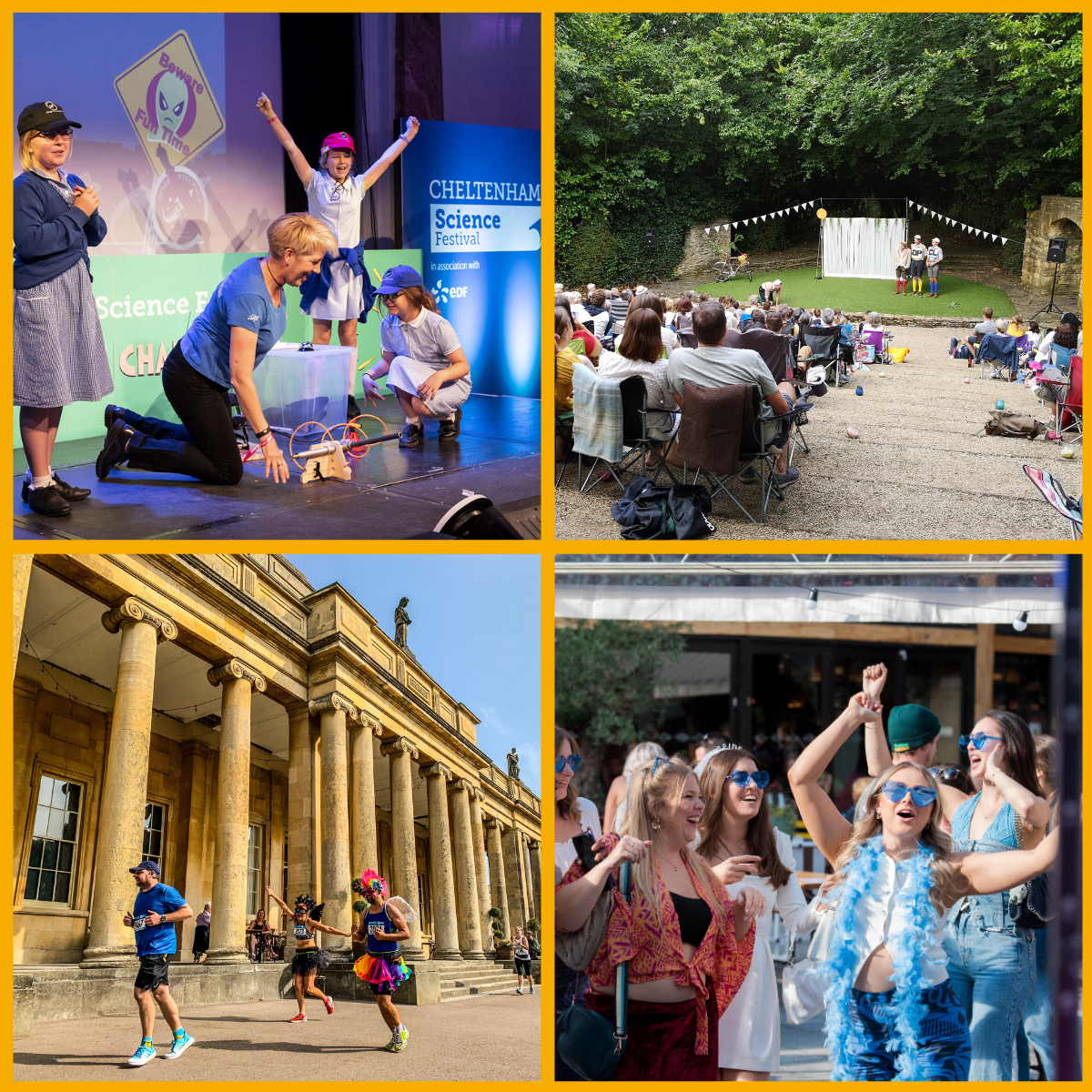 Collage of Cheltenham Science Festival, Tuckwell Open Air Theatre Festival, Run Cheltenham, Summer Jam at The Brewery Quarter, Cheltenham