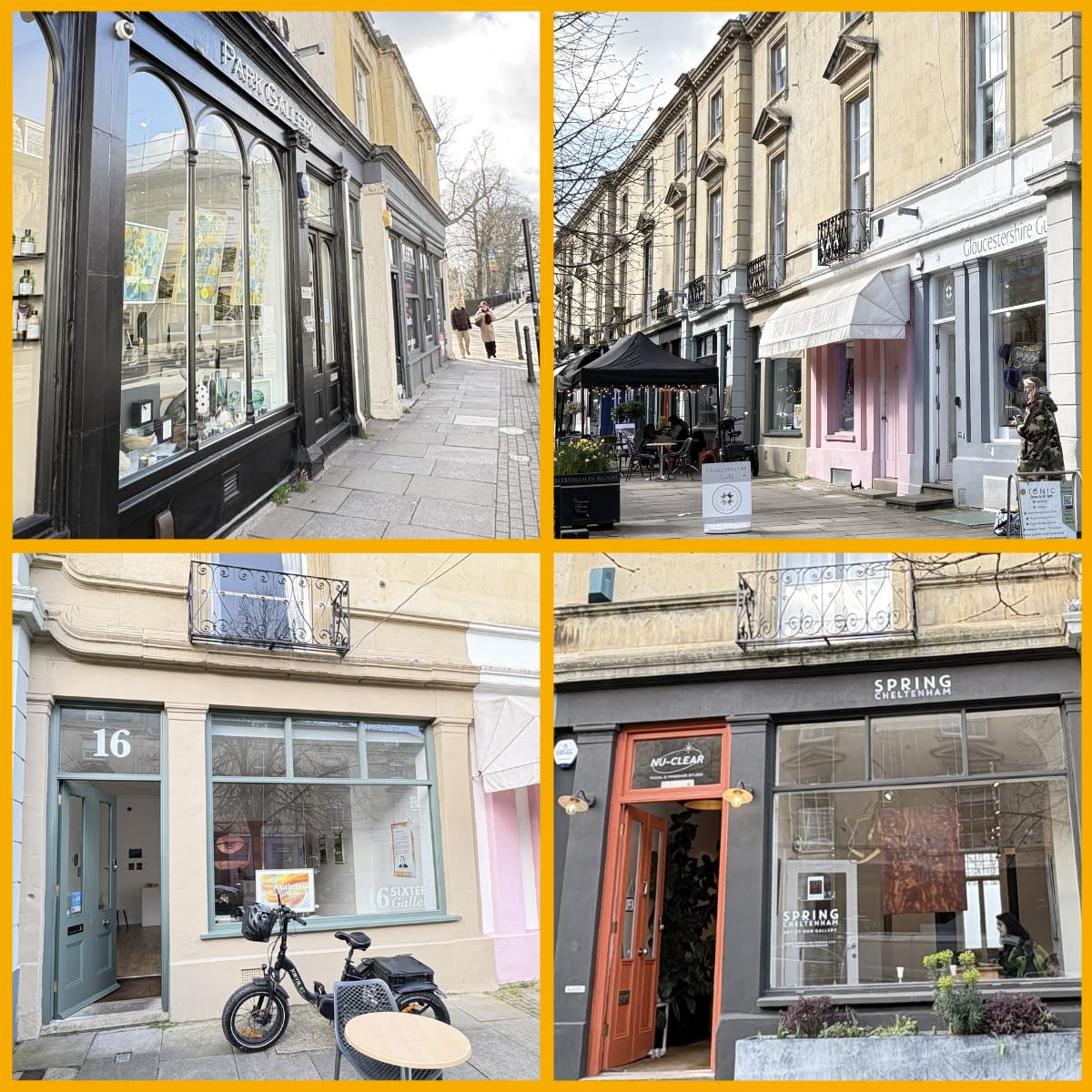 Images of the exterior of four art galleries in Montpellier, Cheltenham