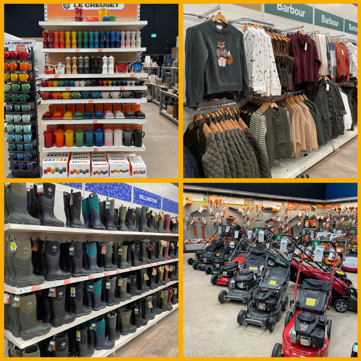 Collage of images showing Le Creuset, outdoor clothing, wellingtons and garden machinery