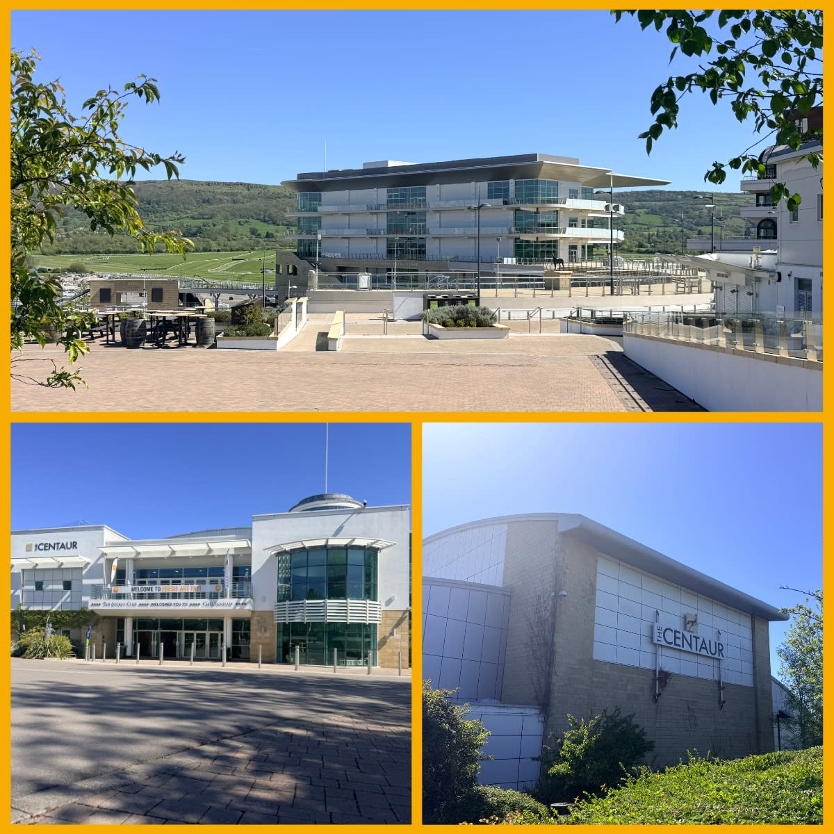 Cheltenham Racecourse architecture - image collage features Grandstand and The Centaur