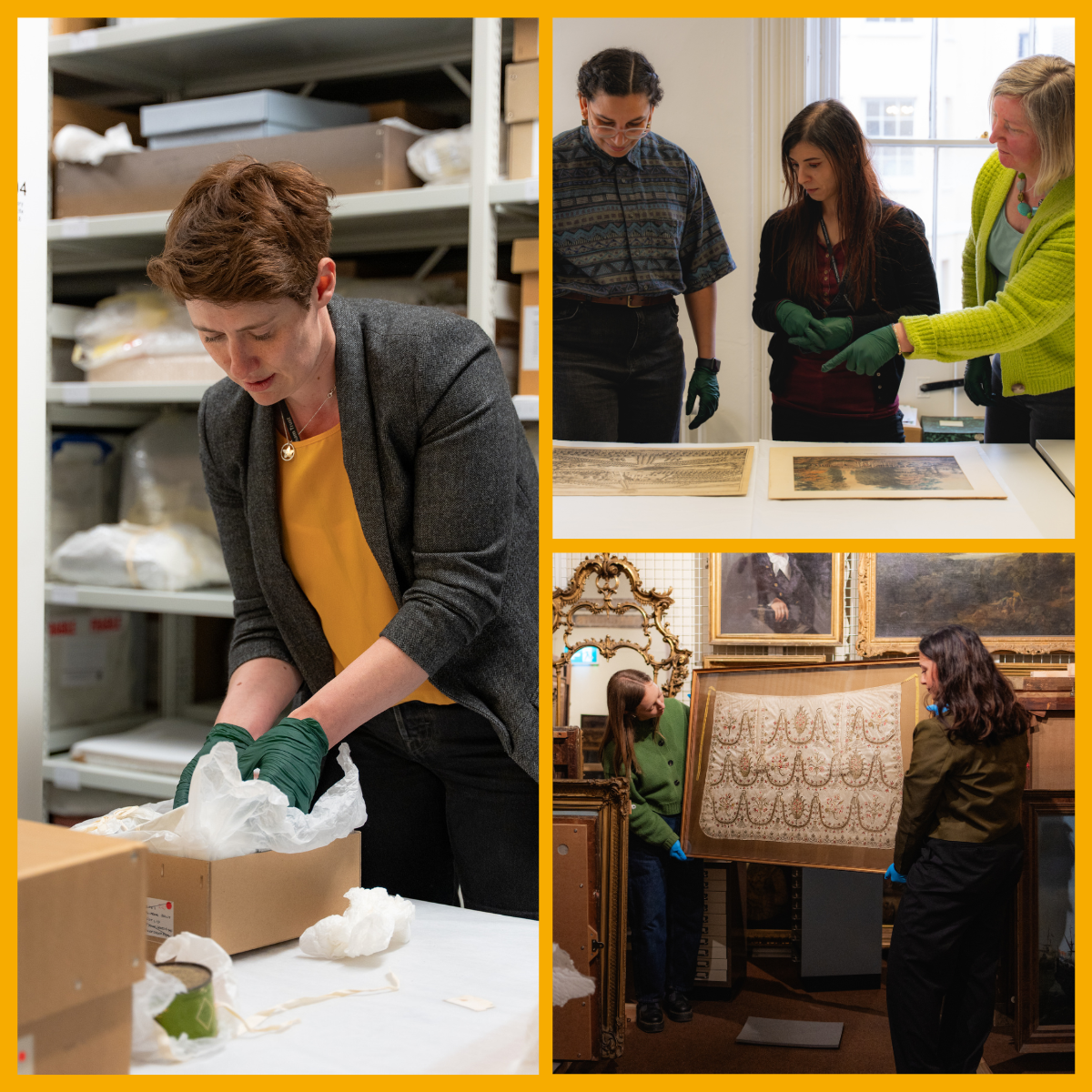 Collage (left) A person unboxing museum items, (top right) people admiring artwork, (bottom right) people holding a framed piece of artwork - photography by Emlyn Bainbridge