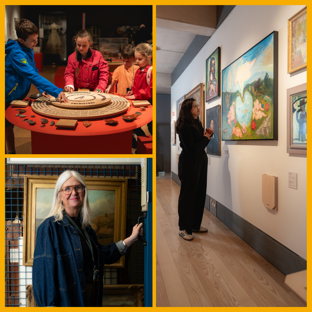 Collage (top left) The Wilson test space, (bottom left) Lisa Edgar - Director of Arts and Heritage, (right) a person admiring artwork at The Wilson - photography by Emlyn Bainbridge