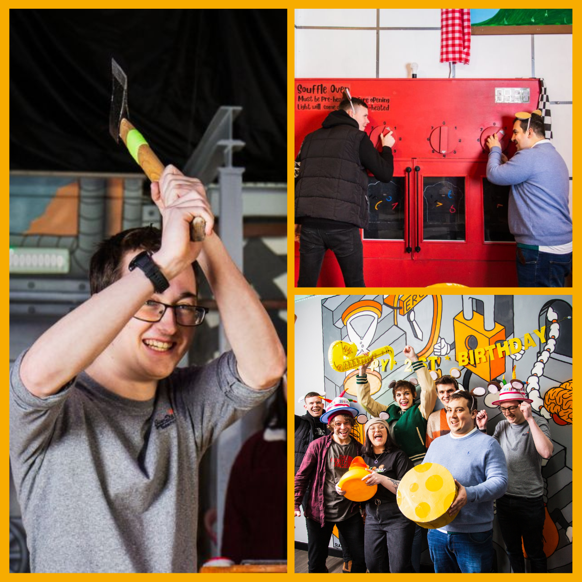 Collage of people axe throwing at Eat Sleep Axe and Escape Rooms Cheltenham