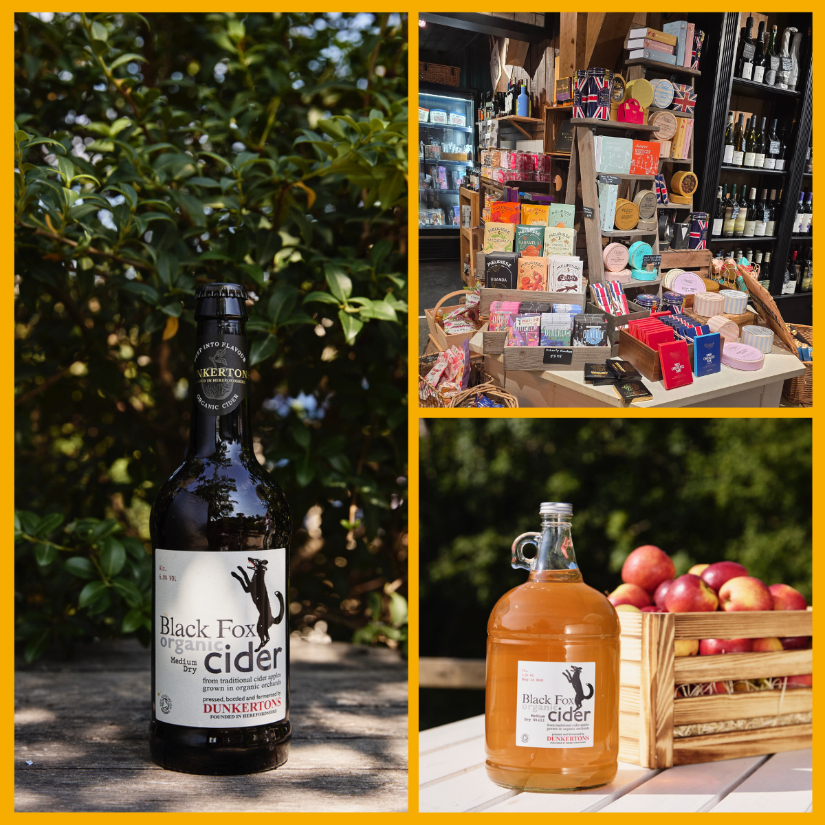 Collage of cider and gifts sold at Dunkertons Park in Cheltenham.