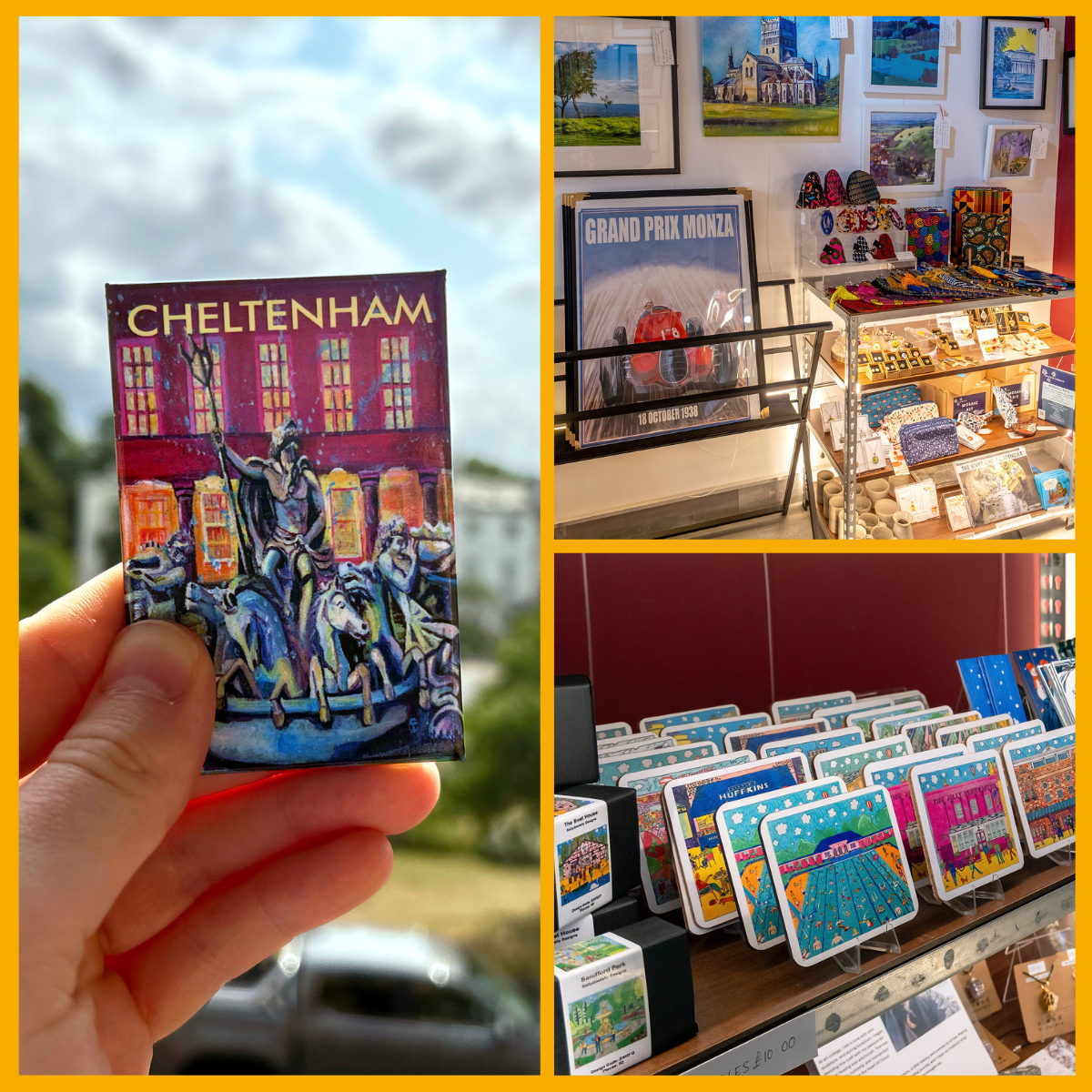 Collage of gifts and Cheltenham souvenirs sold at Art Union in Cheltenham