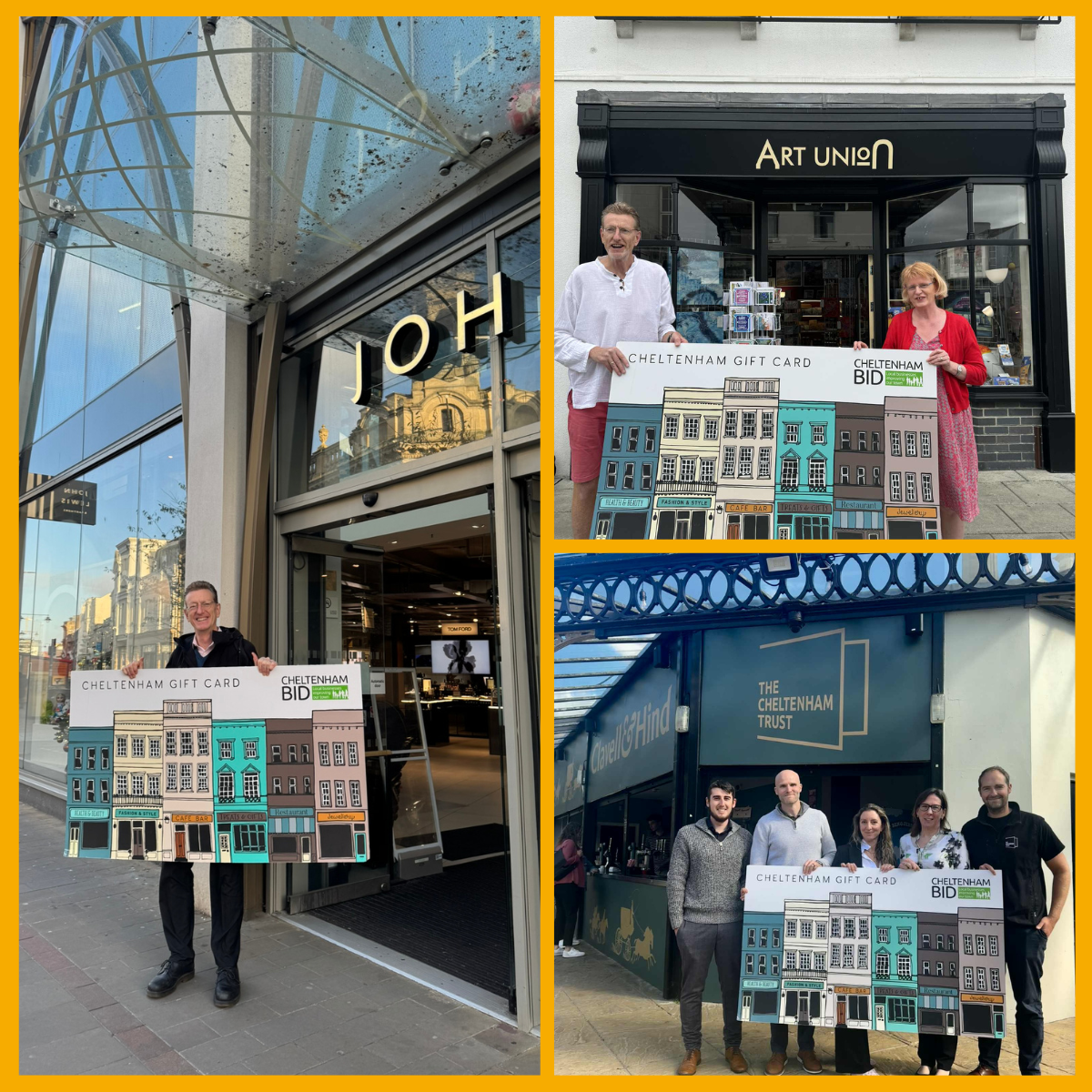 Collage of business owners holding the big Cheltenham BID gift card outside of John Lewis Cheltenham, Art Union Cheltenham, The Cheltenham Trust