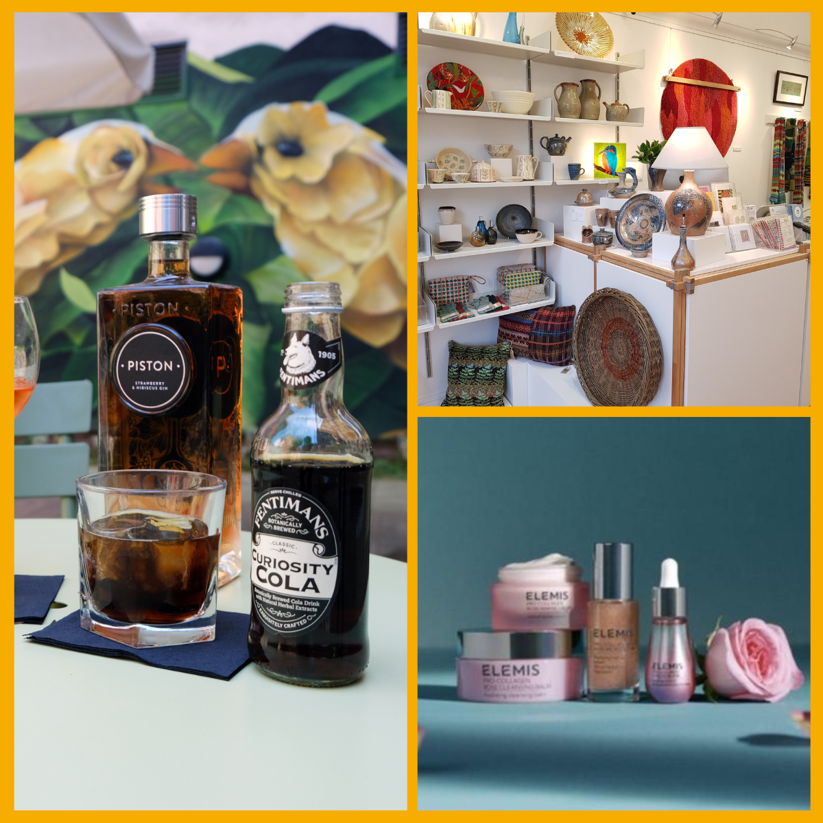 Collage of Piston Gin, gifts from Gloucestershire Guild of Crafstmen, beauty products from John Lewis Cheltenham