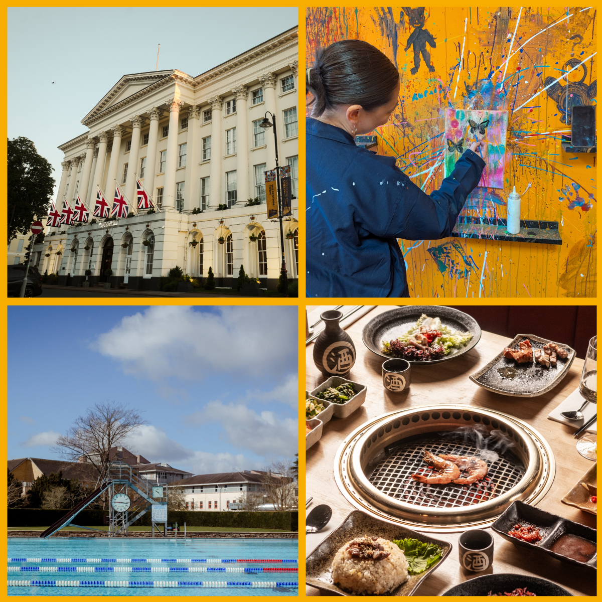 Collage of Queens Hotel Cheltenham, Escape Rooms Cheltenham, Cheltenham Lido, Nagomi Cheltenham