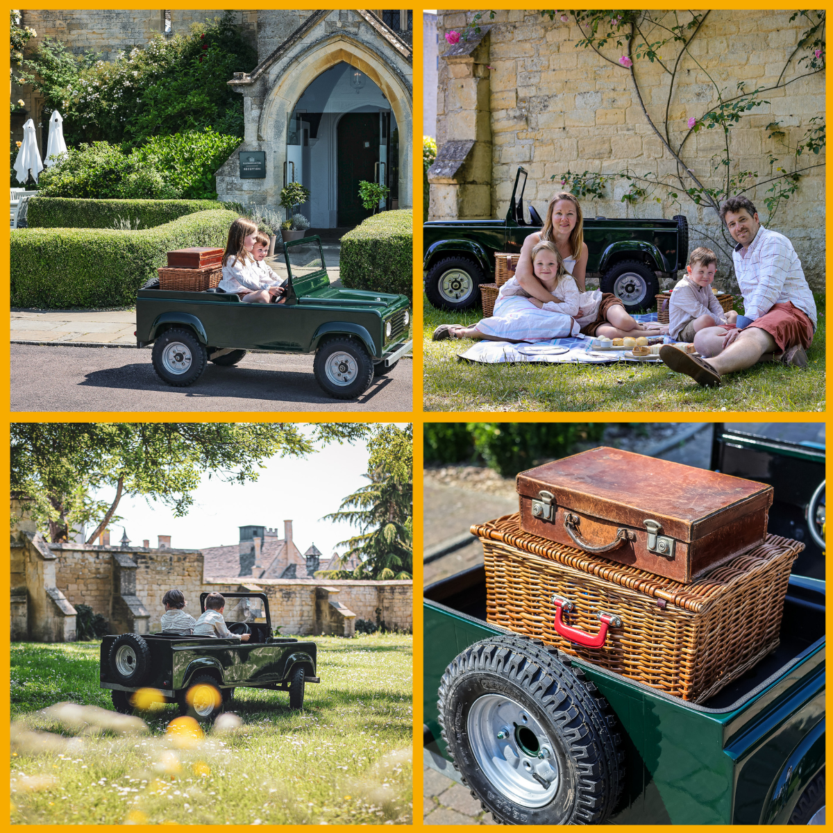 Collage of a family at Ellenborough Park Hotel and children driving Mini Off-Rovers in Cheltenham.