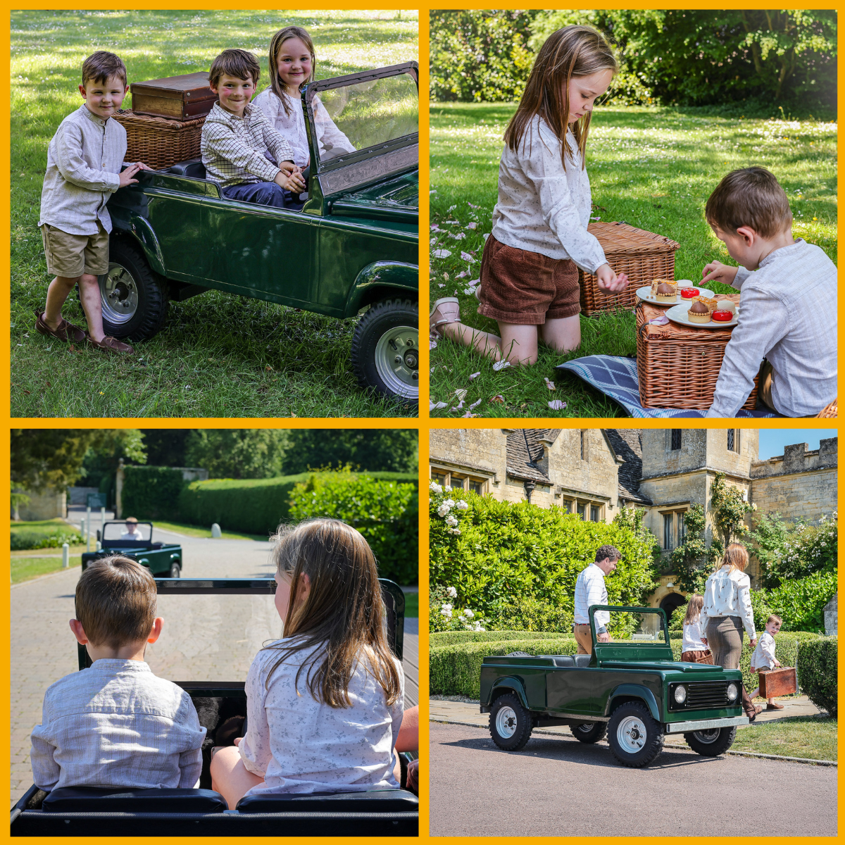Collage of children at Ellenborough Park in Cheltenham, enjoying a picnic and driving Mini Off-Rovers.