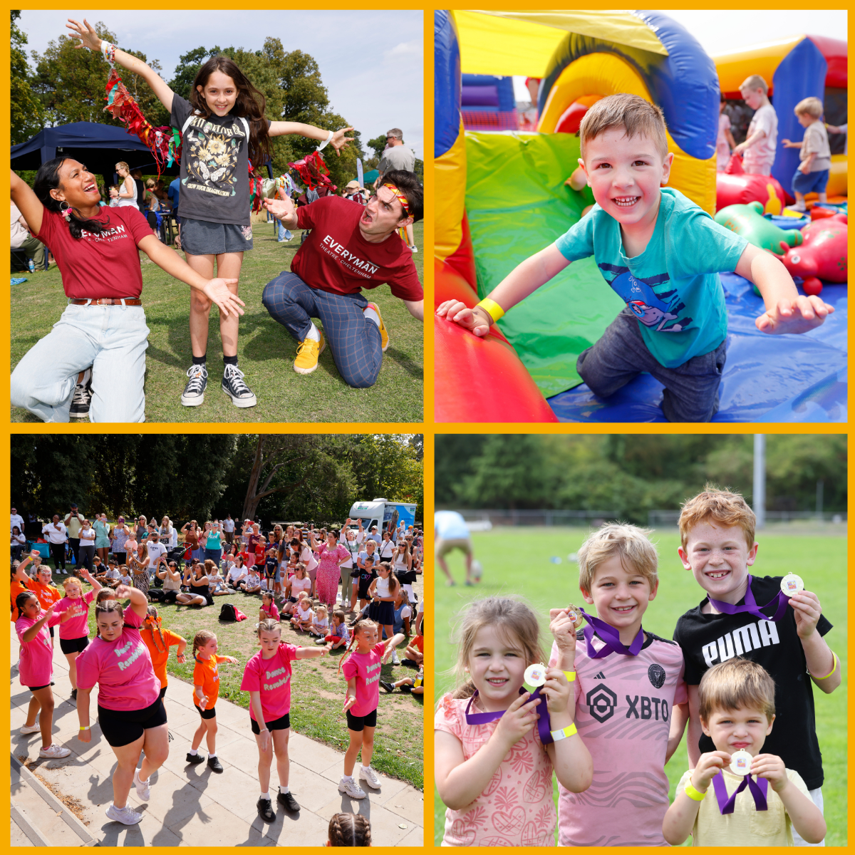 Collage of children enjoying various outdoor activities at No Child Left Behind's Party in the Park in Cheltenham.