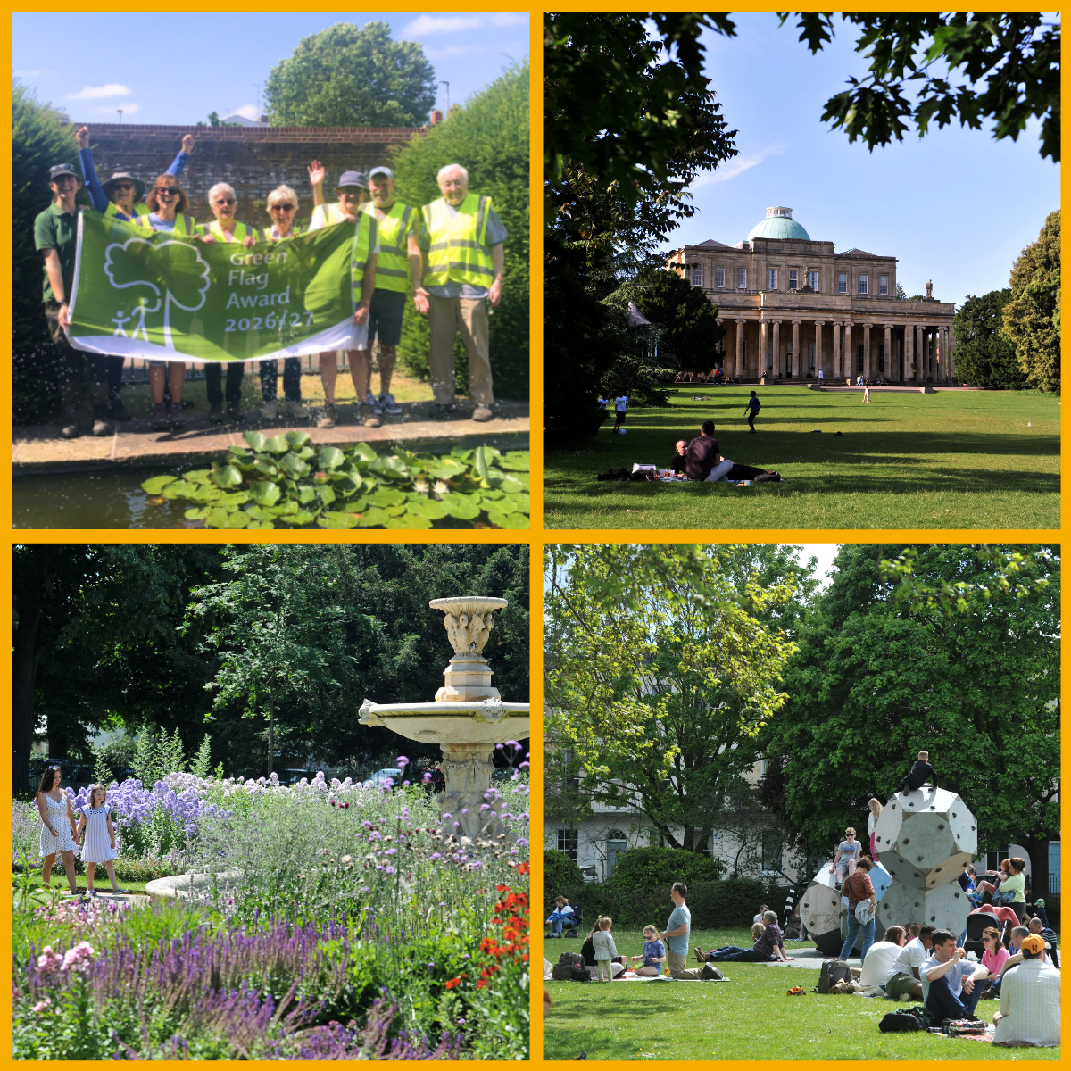 Collage of council members and partners (top left), visitors exploring Pittville Park (top right), Sandford Park (bottom left), Montpellier Gardens (bottom right) in Cheltenham
