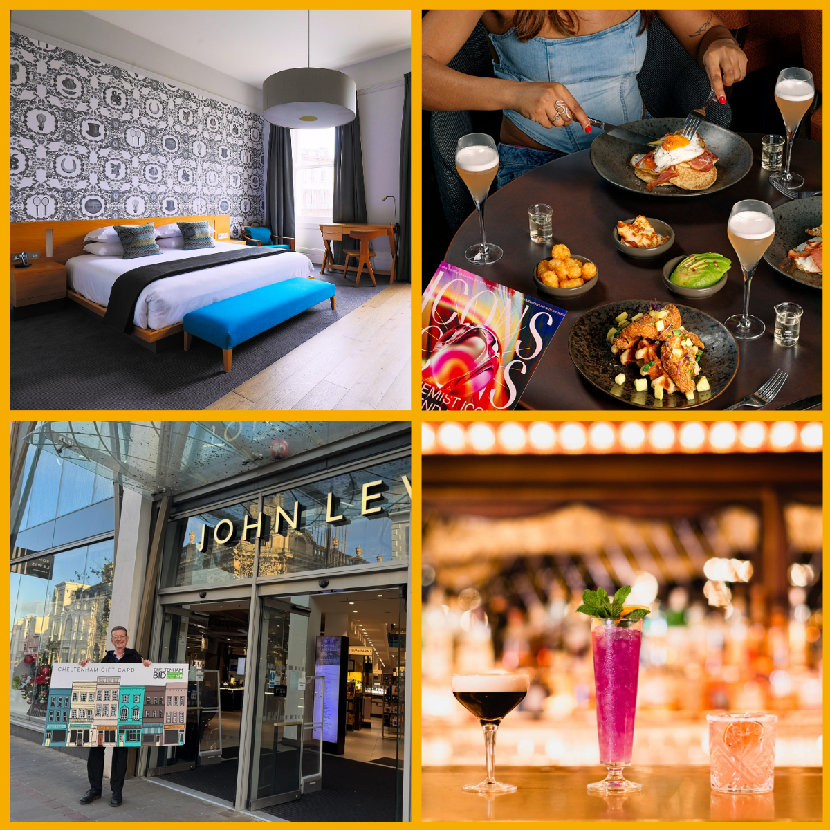 Collage of bedroom at Malmaison Cheltenham, brunch at The Alchemist, Cheltenham BID gift card, cocktails at Flight Club.