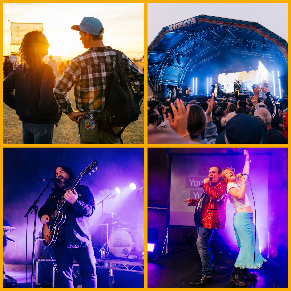 Collage of live performances and entertainment at Wychwood Festival over the years at Cheltenham Racecourse.