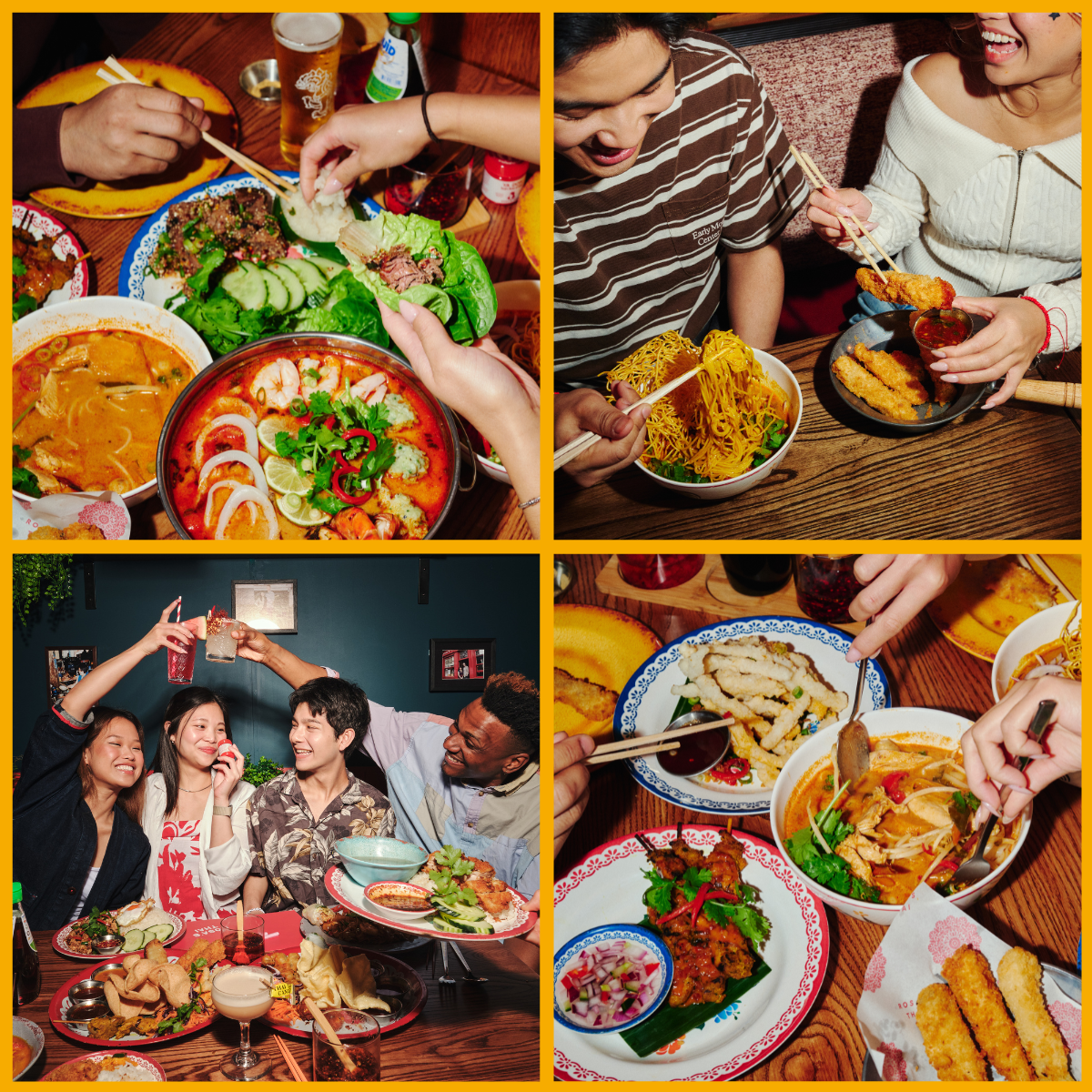 Collage of people dining at Rosa's Thai restaurant, showcasing dishes served.