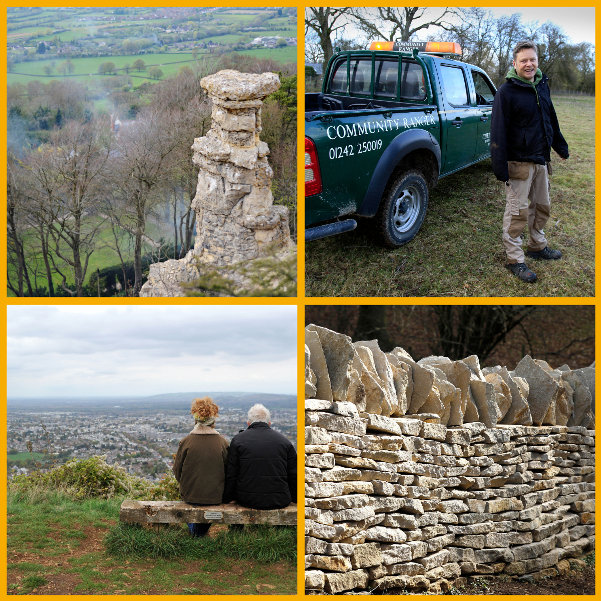 Collage of Leckhampton Hill in Cheltenham, featuring locals and the 'Devil's Chimney'
