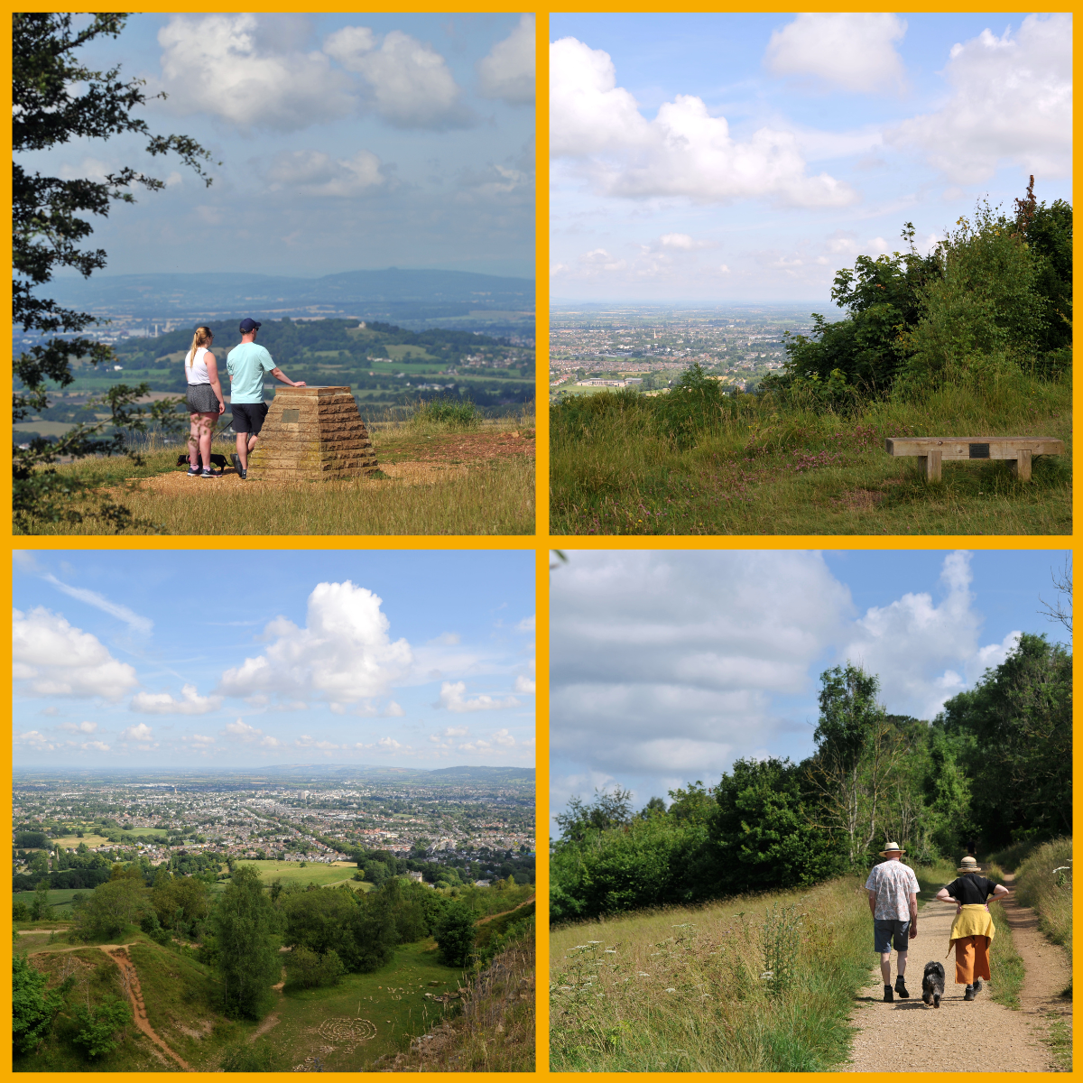 Collage of Leckhampton Hill with visitors and dog walks