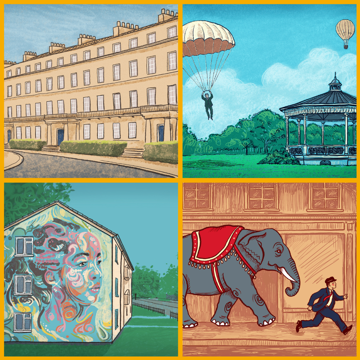 Collage of illustrations by (c) Alex Merry, featuring Lansdown Crescent, the Montpellier Gardens parachute jump, Hesters Way Public Art Trail, Elephant Stampede