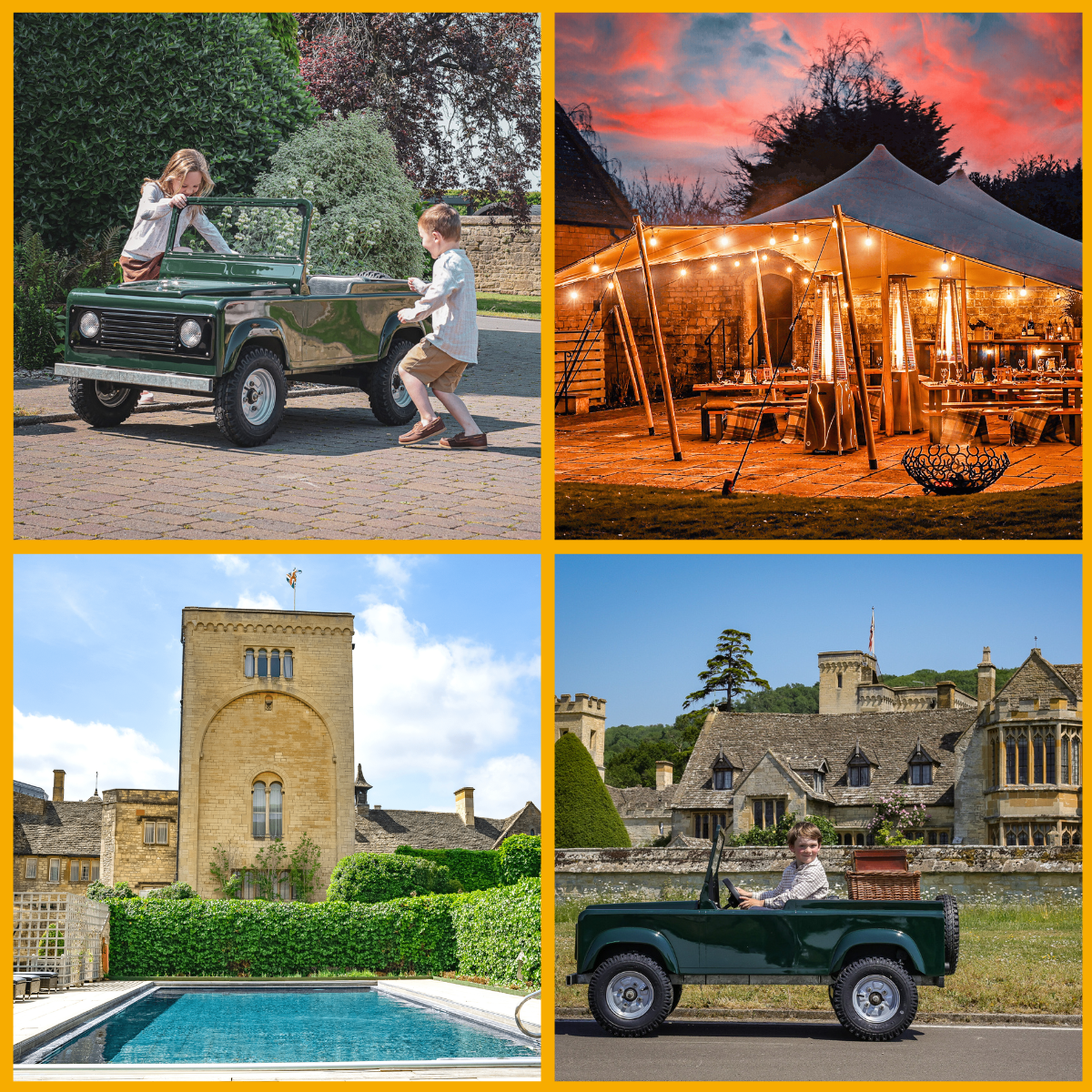 Collage of children riding mini rovers at Ellenborough Park Hotel, outdoor swimming pool and outdoor dining area