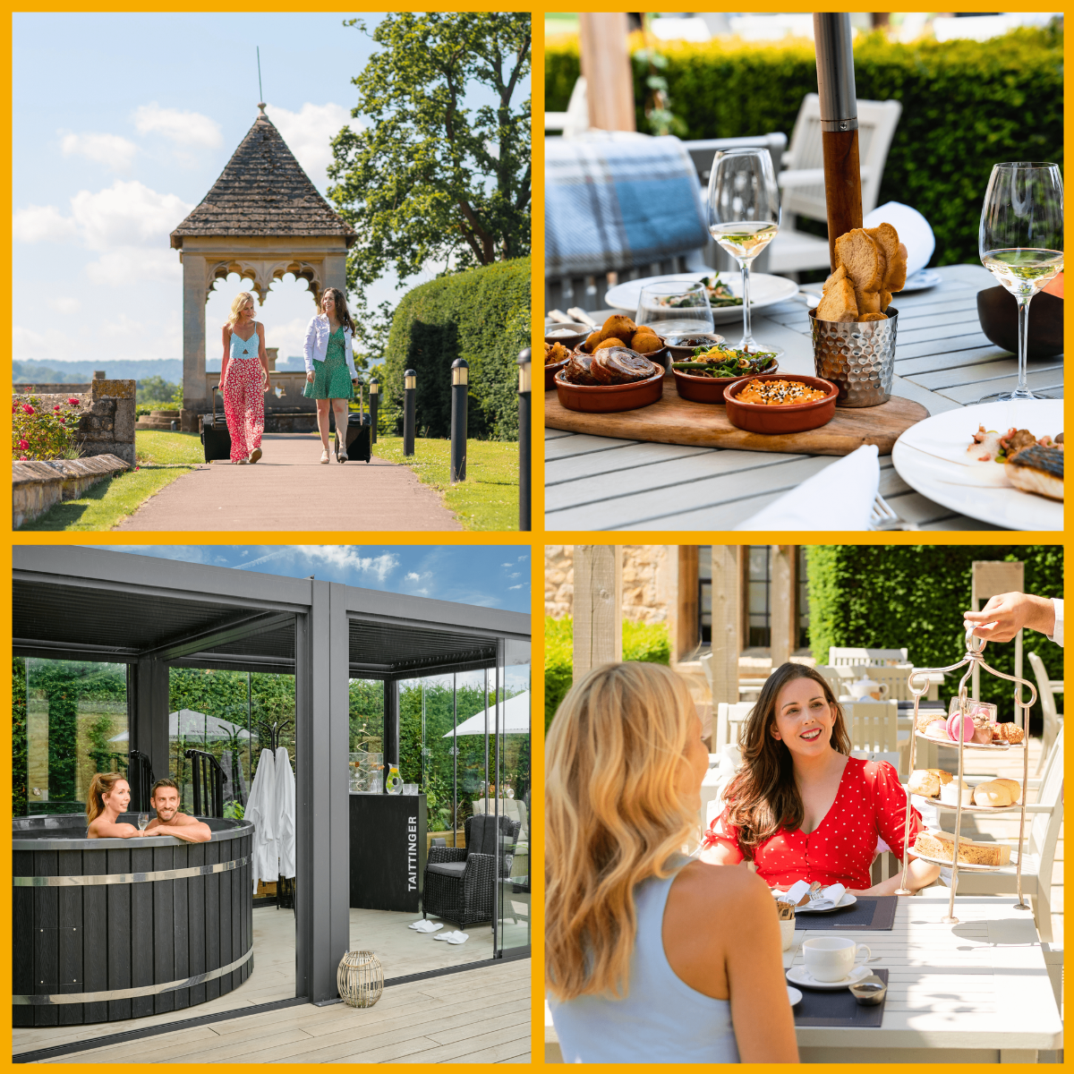 Collage of Ellenborough Park Hotel including guests enjoying alfresco dining & afternoon tea and outdoor spa experience