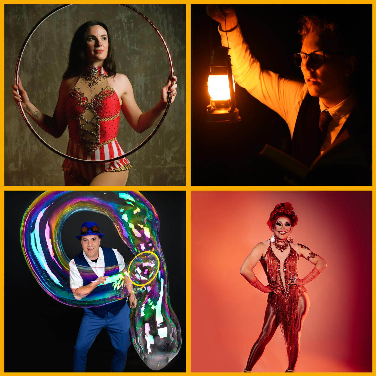 Collage of performers at Cheltenham Fringe Festival (top left) Rafity Love, (top right) David Alnwick, (bottom left) The Highland Joker, (bottom right) Latina Ballroom
