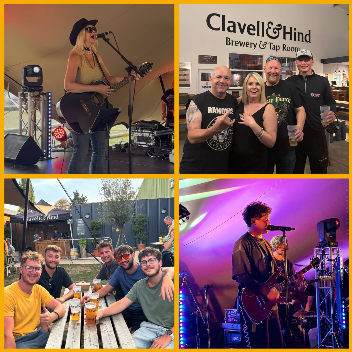Collage of live performances and people having fun at Clavell & Hind in Cheltenham