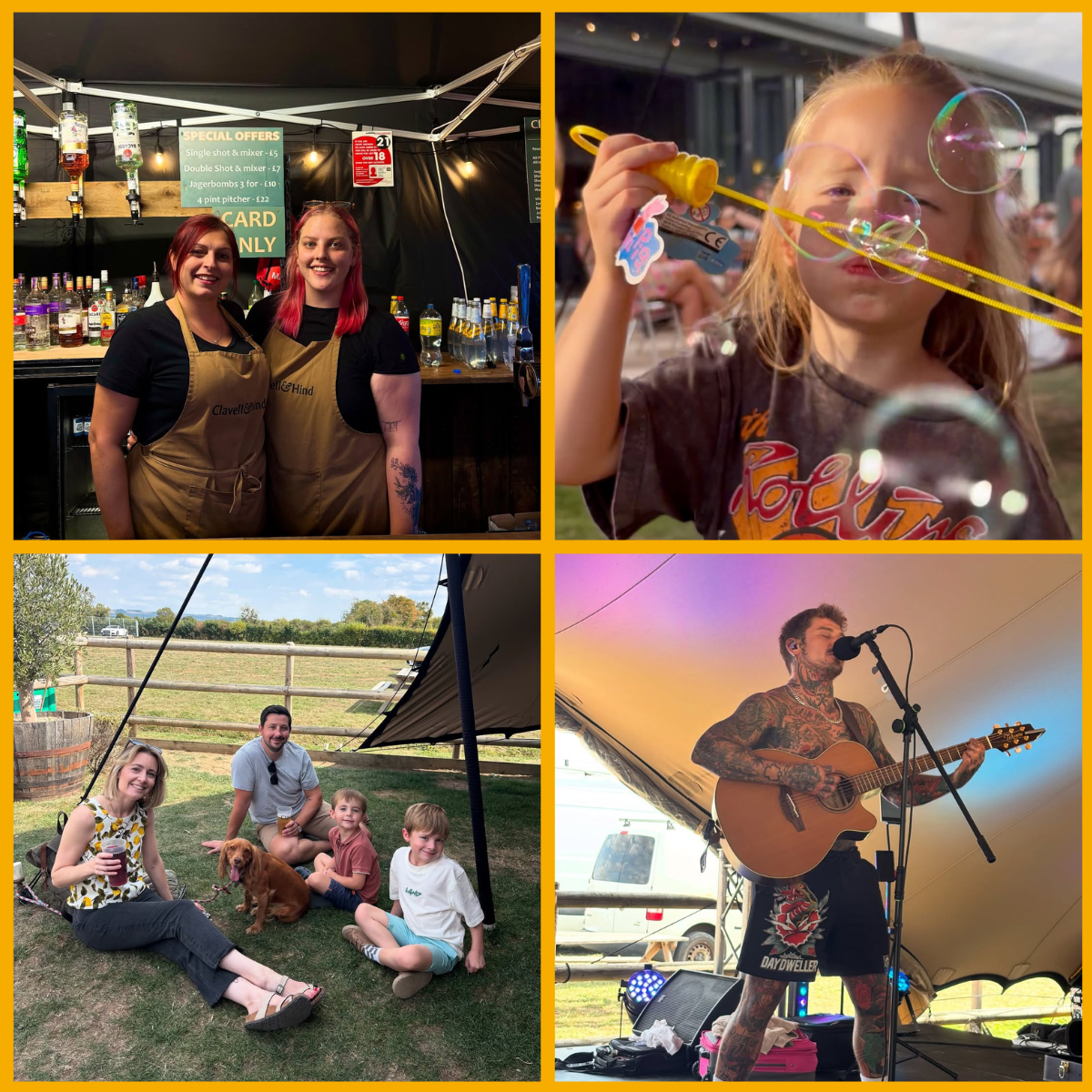 Collage of live performances and family & friends having fun at Clavell & Hind in Cheltenham