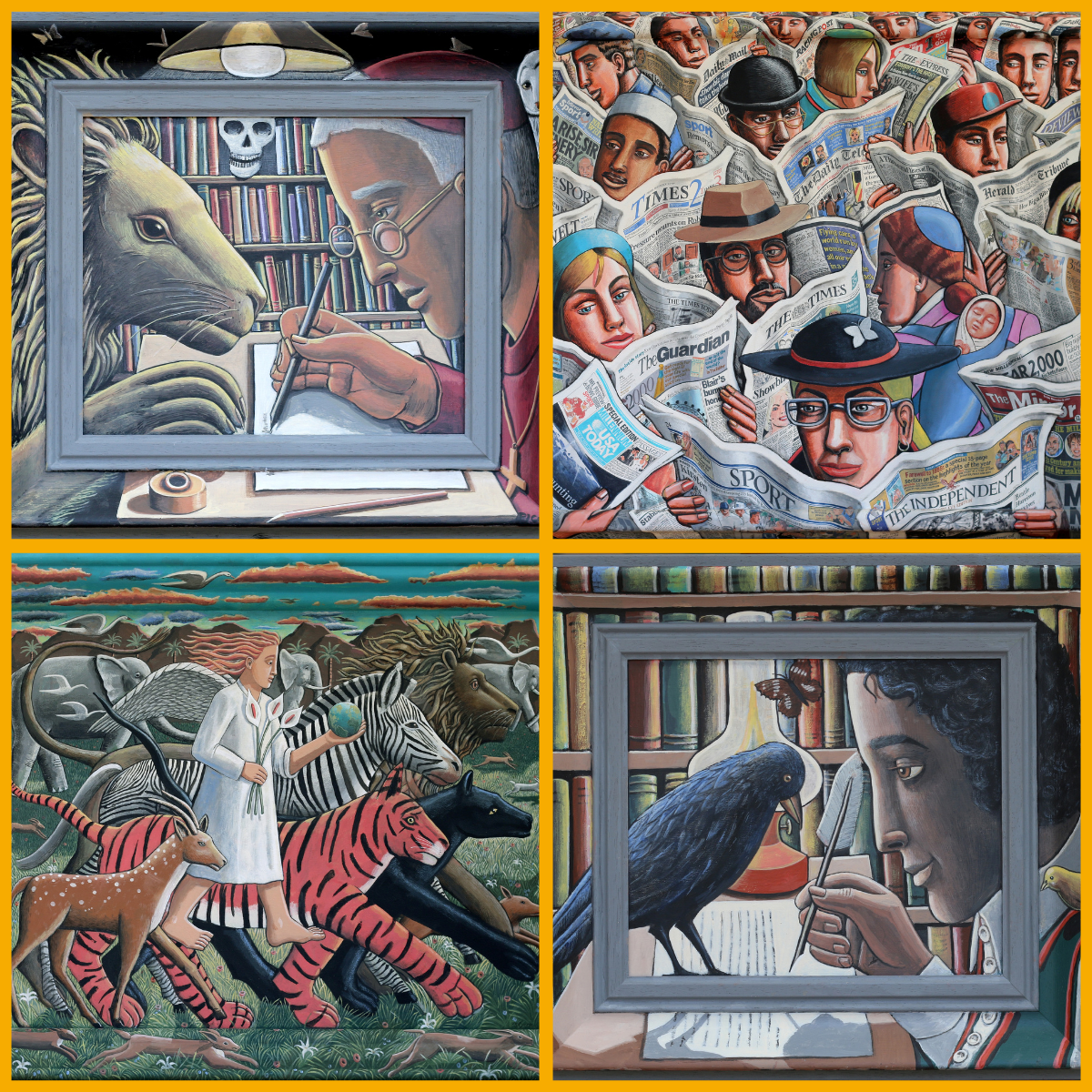 Collage featuring art by acclaimed British artist PJ Crook
