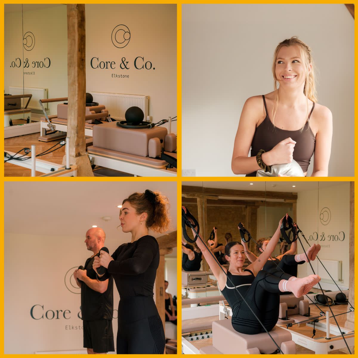 Collage of images of women and a man doing reformer pilates in a studio
