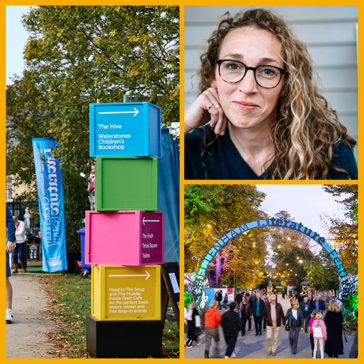 Collage (left to right) colourful signage blocks at Cheltenham Literature Festival. Author of The Correspondent, Virginia Evans. Visitors at Cheltenham Literature Festival