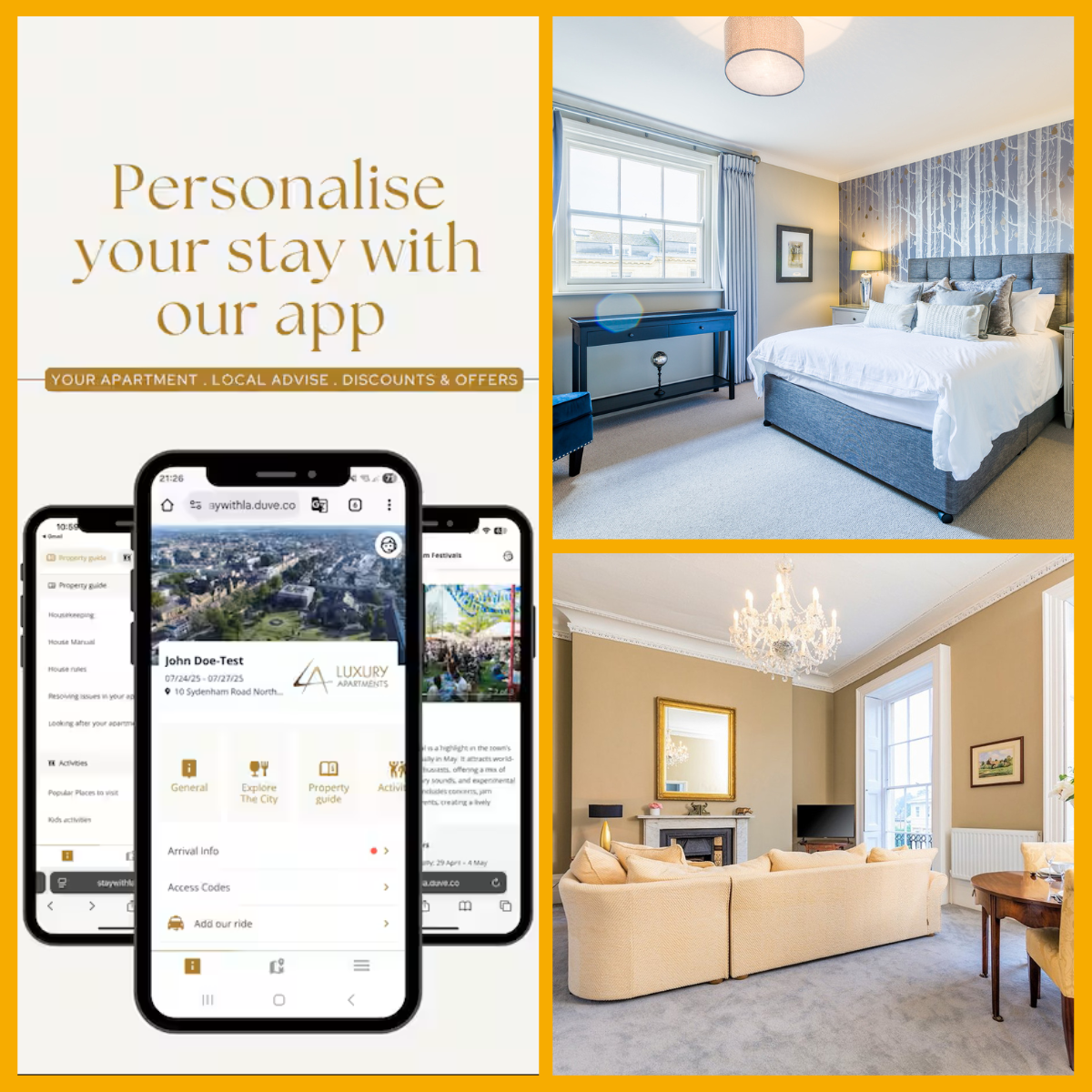 Collage of Luxury Apartments mobile app, and a bedroom and living room at a Luxury Apartment in Cheltenham