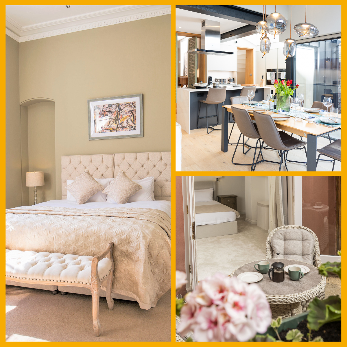 Collage of Luxury Apartments in Cheltenham featuring a bedroom, kitchen/dining area and outdoor terrace