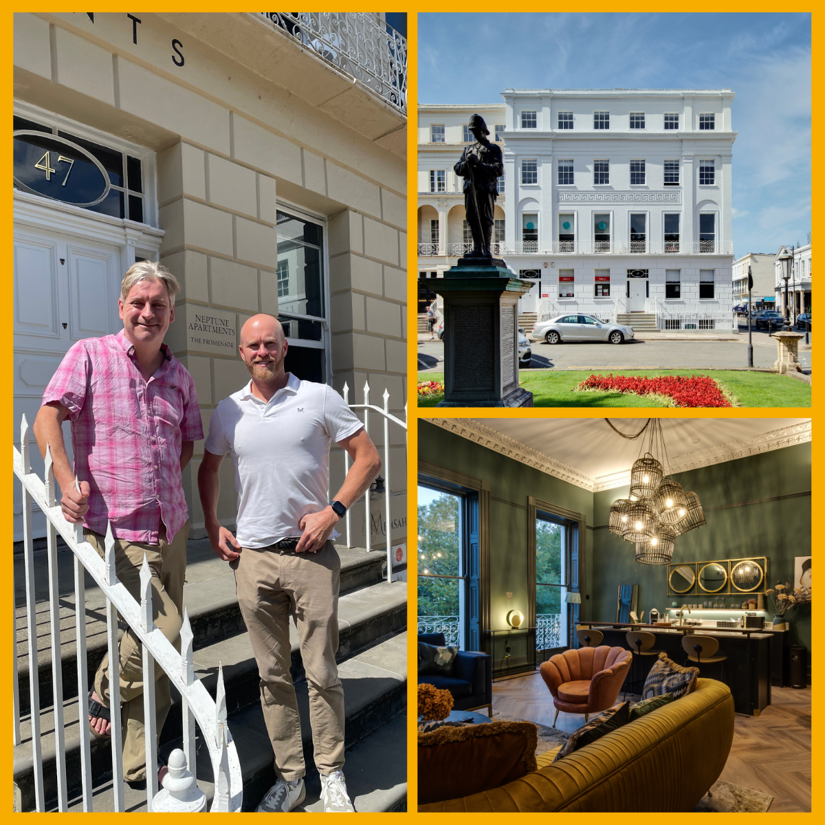 Collage of Charlie Perkins and Matthew Bevis, Neptune Apartments Cheltenham exterior and a living room interior