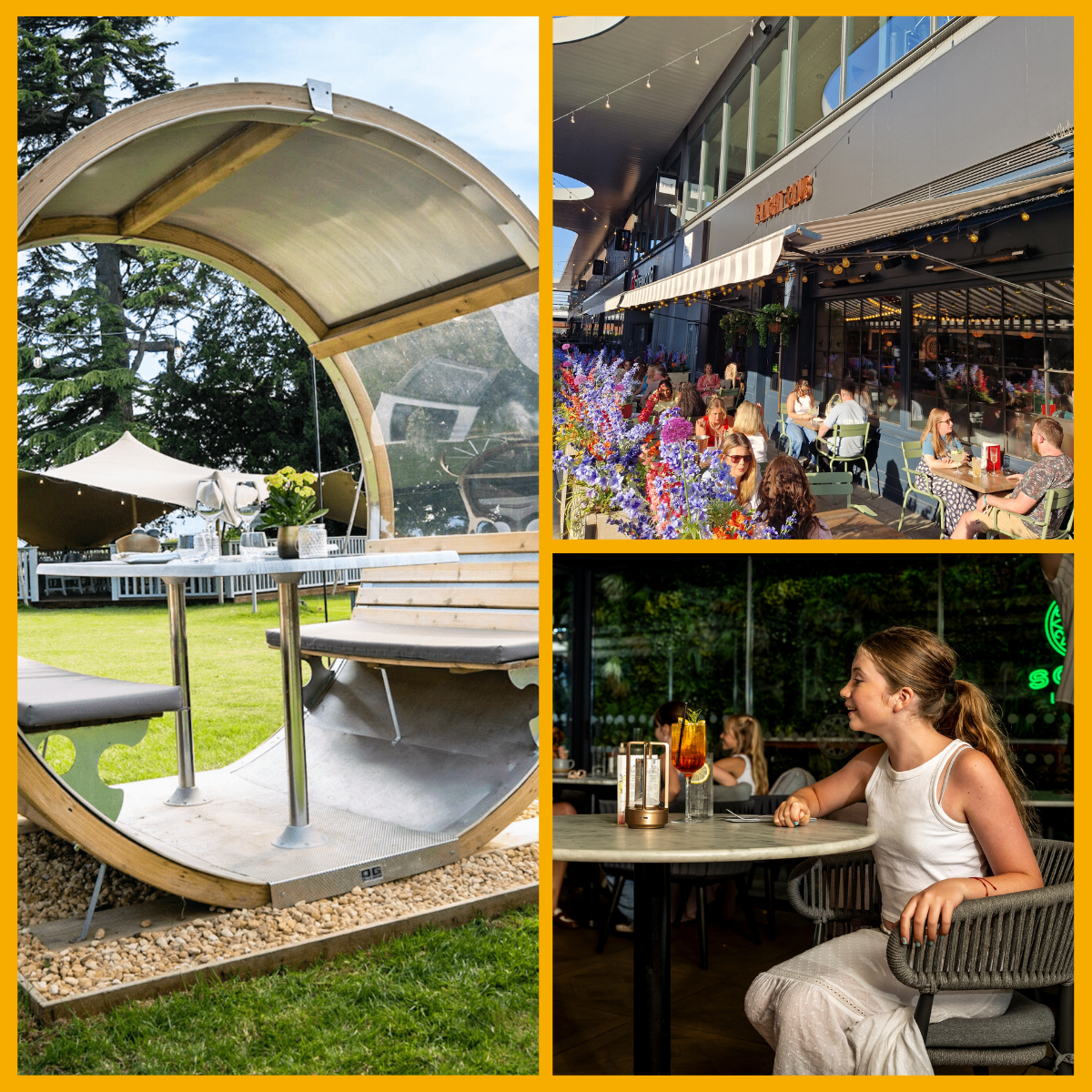Collage of alfresco dining at Ellenborough Park, Flight Club Cheltenham and dining at Settebello Cheltenham
