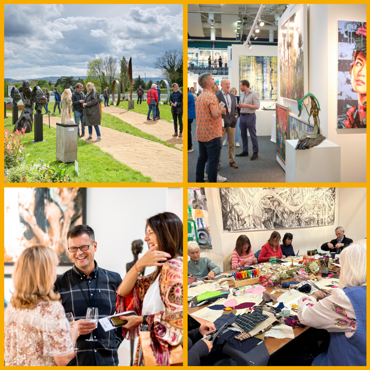 Collage of images from Fresh Art Fair Cheltenham containing images of visitors enjoying the art exhibition and sculptures