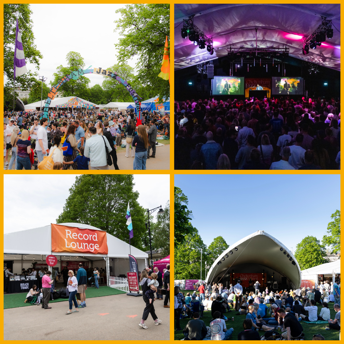 Collage of the crowds at Cheltenham Jazz Festival 2026 at Montpellier Gardens, Cheltenham photographed by Still Moving Media & Cheltenham Festivals
