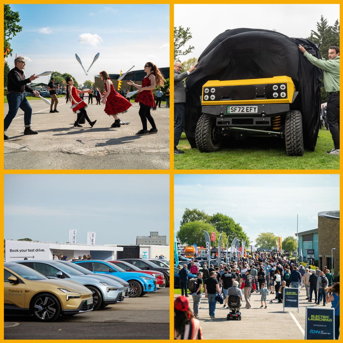 Collage of past Everything Electric West events, including family entertainment, vehicles and crowds.