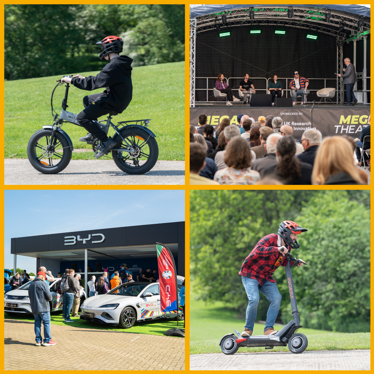 Collage of past Everything Electric West events, including electric bike and scooters, live stage and cars