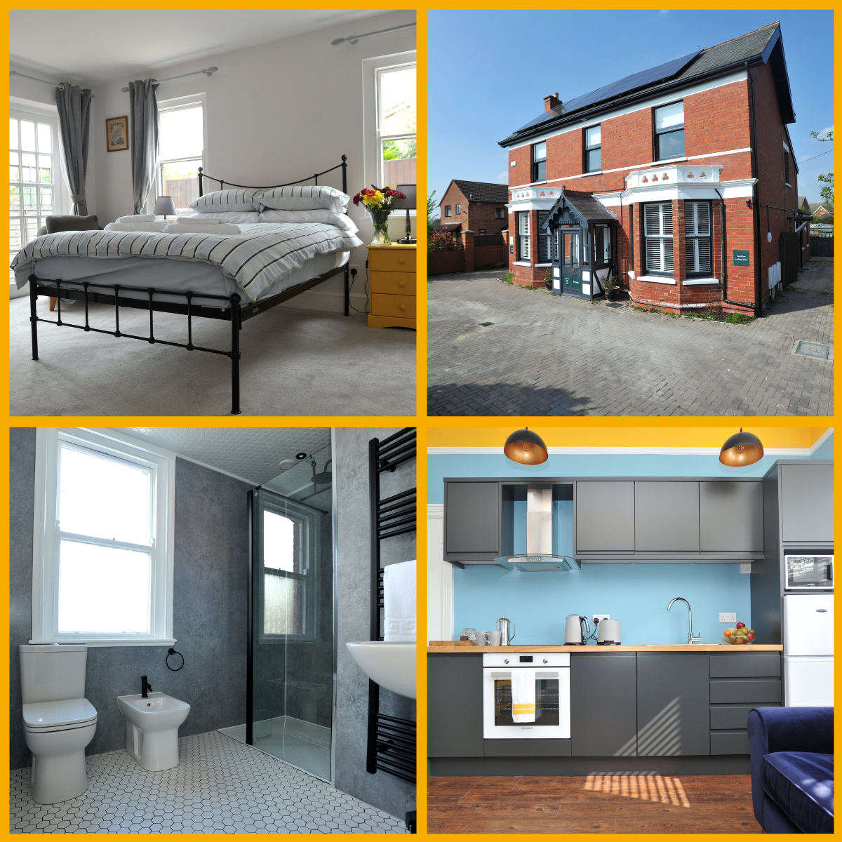 Collage of Beechurst Serviced Apartments in Cheltenham, featuring bedroom, exterior, bathroom and kitchen.