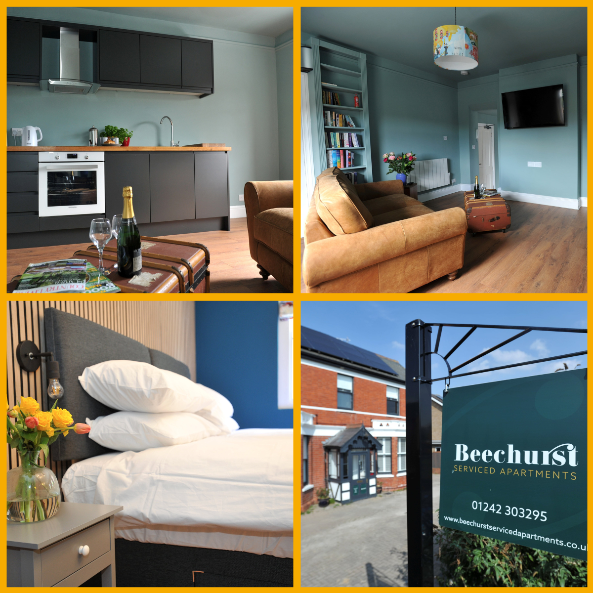 Collage of Beechurst Serviced Apartments in Cheltenham, featuring kitchen, living room, bedroom, exterior sign